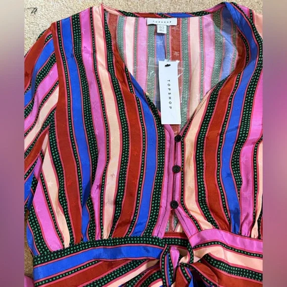 NWT Topshop cropped Multicolor Tie-Front Blouse with flare sleeves size … - Picture 9 of 12